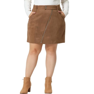 Agnes Orinda Women's Plus Size Faux Suede Zipper Front Pockets Elastic Waist Mini Skirt 1 Agnes Orinda Women's Plus Size Faux Suede Zipper Front Pockets Elastic Waist Mini Skirt