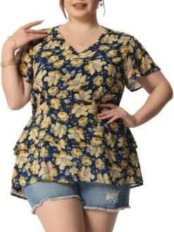 Agnes Orinda Women's Plus Size V Neck Floral Tiered Peplum Blouses -Agnes Sales Store GUEST 890d63a7 a360 4ab1 af8e 8f794215e61d