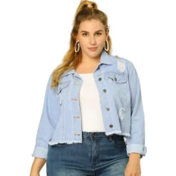 Agnes Orinda Women's Plus Size Washed Ripped Distressed Cropped Frayed Denim Jacket -Agnes Sales Store GUEST 89481d37 1a77 48fd 8057 518030229ef7