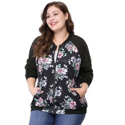 Agnes Orinda Women's Plus Size Zipper Raglan Sleeves Floral Bomber Jacket 6 Agnes Orinda Women's Plus Size Zipper Raglan Sleeves Floral Bomber Jacket - Image 6