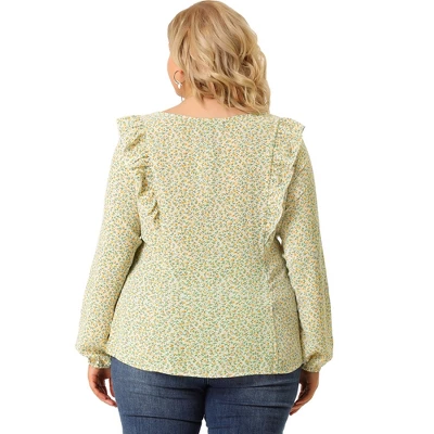 Agnes Orinda Women's Plus Size Blouses Long Sleeve Square Neck Ditsy Ruffle Floral Tops 4 Agnes Orinda Women's Plus Size Blouses Long Sleeve Square Neck Ditsy Ruffle Floral Tops - Image 4