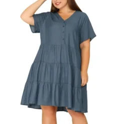 Agnes Orinda Women's Plus Size Babydoll Tiered V Neck Short Sleeve Chambray Dresses -Agnes Sales Store GUEST 8b344f59 22a5 46c5 901f 7bf355b55223