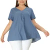 Agnes Orinda Women's Plus Size Blouse Casual V Neck Lounge Around Short Sleeve Solid Chambray Tops