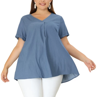 Agnes Orinda Women's Plus Size Blouse Casual V Neck Lounge Around Short Sleeve Solid Chambray Tops 1 Agnes Orinda Women's Plus Size Blouse Casual V Neck Lounge Around Short Sleeve Solid Chambray Tops