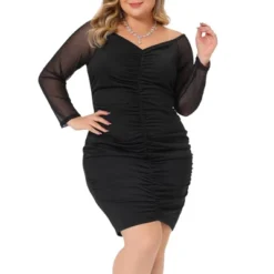 Agnes Orinda Women's Plus Size Off Shoulder Mesh Long Sleeve Stretchy Ruched Cocktail Mini Bodycon Dress -Agnes Sales Store GUEST 8db0dd84 5d53 49bf 9994 a1842d44c77b