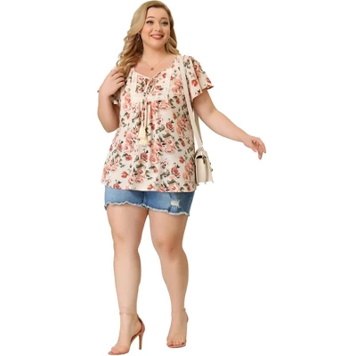 Agnes Orinda Women's Plus Size Chiffon Blouses Tie Neck Tassel Lace Insert Flare Short Sleeve Floral Tops 2 Agnes Orinda Women's Plus Size Chiffon Blouses Tie Neck Tassel Lace Insert Flare Short Sleeve Floral Tops - Image 2