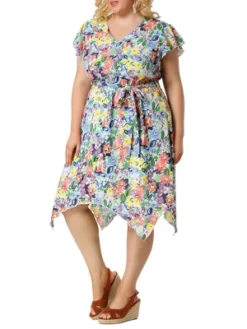 Agnes Orinda Women's Plus Size Floral Belted Ruffled Asymmetrical Hem Midi Dress -Agnes Sales Store GUEST 8e401cd6 91d0 4b45 ae7b 99a1ce8c7114