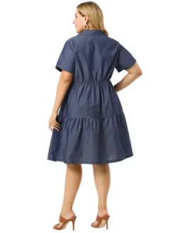 Agnes Orinda Women's Plus Size Babydoll Half Placket Elastic Back Button Chambray Dresses -Agnes Sales Store GUEST 8e942f99 7d49 410d 8756 85da3ed01fdb