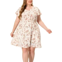 Agnes Orinda Women's Plus Size V Neck Elastic Waist Ditsy Floral Midi Dresses -Agnes Sales Store GUEST 8ec6dee6 2306 4153 9316 0cef1e8b2424