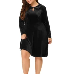 Agnes Orinda Women's Plus Size Elegant Outfits Velvet Long Sleeve Peter Pan Collar Flare Midi Dress