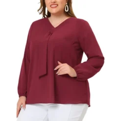 Agnes Orinda Women's Plus Size Office Fashion Long Sleeves Ribbon Front Chiffon Top