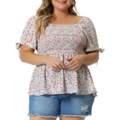 Agnes Orinda Women's Plus Size Floral Square Neck Smocked Bow Tie Short Sleeve Peplum Blouse -Agnes Sales Store GUEST 90c8fc78 3547 43fd 9181 5cdb6d4ab9c8