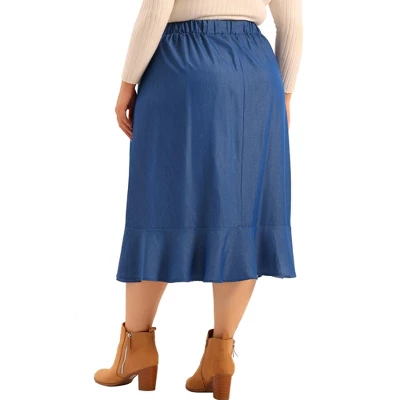 Agnes Orinda Women's Plus Size Midi Elastic Waist Denim Tiered Pleated Hem Chambray Skirts 3 Agnes Orinda Women's Plus Size Midi Elastic Waist Denim Tiered Pleated Hem Chambray Skirts - Image 3