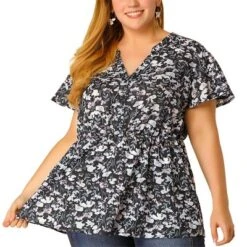 Agnes Orinda Women's Plus Size Peplum V Neck Smocked Waist Floral Chiffon Blouse -Agnes Sales Store GUEST 91066a48 4497 4ac9 a57d 633a19b1e8c6