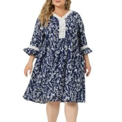 Agnes Orinda Women's Plus Size Retro V Neck Ruffle 3/4 Sleeve Floral Print Babydoll Flare Midi A Line Dresses -Agnes Sales Store GUEST 915dcffc 004e 404b 85df 06249708ad35