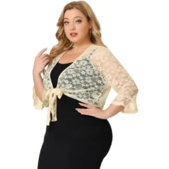 Agnes Orinda Women's Plus Size Tie Front Lace Hollow Out Crop Shrug -Agnes Sales Store GUEST 931080cb 5b1a 46e8 ab2c 9c01bc4374f5