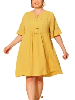 Agnes Orinda Women's Plus Size Ruffle Short Sleeve Lace Insert Tassel Bohemian Midi Dresses