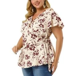 Agnes Orinda Women's Plus Size Ruffle Neck Floral Wrap Tie Waist Blouse -Agnes Sales Store GUEST 93b3d2da 7e6f 4007 933d 17161d0e0eb8