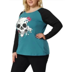 Agnes Orinda Women's Plus Size Floral Skull Contrast Color Raglan T-shirt -Agnes Sales Store GUEST 93b62189 1d67 4a74 8a91 7e5688b83a9d