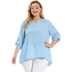 Agnes Orinda Women's Plus Size Sheer 3/4 Sleeve Flowy Split V Neck Blouse -Agnes Sales Store GUEST 9430e5f3 ef01 4571 9ec4 416a23270460