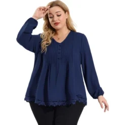 Agnes Orinda Women's Plus Size Fashion Pleated V Neck Long Sleeve Solid Blouses -Agnes Sales Store GUEST 94a9510e dd8f 4511 9804 ef3e2b478280