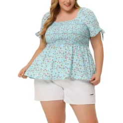 Agnes Orinda Women's Plus Size Floral Square Neck Smocked Bow Tie Short Sleeve Peplum Blouse -Agnes Sales Store GUEST 94f9f6b0 1349 4803 995e 066e1df0d76d