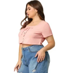 Agnes Orinda Women's Plus Size Knit Ribbed Tie Front Casual Trendy Crop Blouse -Agnes Sales Store GUEST 958be3e4 7114 4edd 8680 13e02137a3db