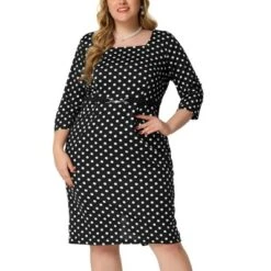 Agnes Orinda Women's Plus Size Formal Polka Dots 3/4 Sleeve Belt Bodycon Dress -Agnes Sales Store GUEST 958e56b3 209c 440c 8671 bba038017437
