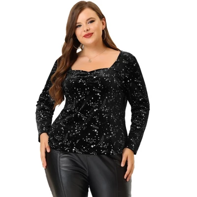 Agnes Orinda Women's Plus Size Top Sweetheart Neck Long Sleeve Stars Velvet Blouses 2 Agnes Orinda Women's Plus Size Top Sweetheart Neck Long Sleeve Stars Velvet Blouses - Image 2