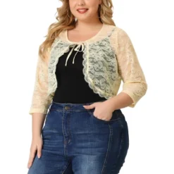 Agnes Orinda Women's Plus Size Shrug 3/4 Sleeves Lace Tie Neck Crop Bolero Cardigan -Agnes Sales Store GUEST 95b4607e 5e50 4e51 a2f6 70dad335ae93