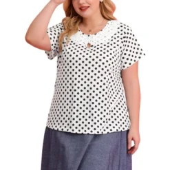 Agnes Orinda Women's Plus Size Short Sleeve Flat Collar Keyhole Front Polka Dots Blouses
