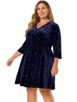 Agnes Orinda Women's Plus Size Velvet 3/4 Sleeve Elastic Waist Party Dress -Agnes Sales Store GUEST 97492457 25cf 4d19 b42e b8c9be683bf7