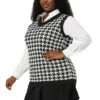 Agnes Orinda Women's Plus Size Sleeveless Houndstooth Knit Pullover Sweater Vest