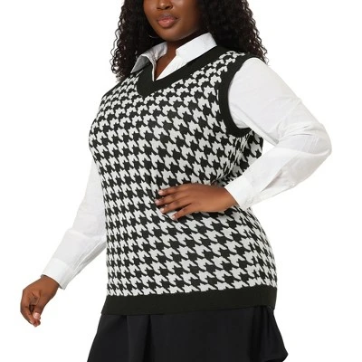 Agnes Orinda Women's Plus Size Sleeveless Houndstooth Knit Pullover Sweater Vest 1 Agnes Orinda Women's Plus Size Sleeveless Houndstooth Knit Pullover Sweater Vest