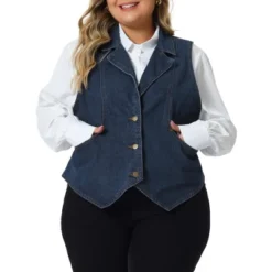 Agnes Orinda Women's Plus Size Sleeveless Lapel Casual Buttons Pockets Denim Vests