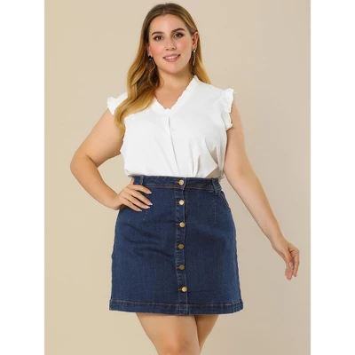 Agnes Orinda Women's Plus Size Denim Button Side Pocket Casual Jean A-Line Mini Skirt 3 Agnes Orinda Women's Plus Size Denim Button Side Pocket Casual Jean A-Line Mini Skirt - Image 3