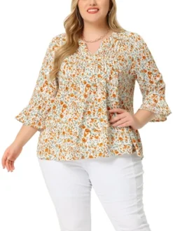 Agnes Orinda Women's Plus Size Pleated Ruffle 3/4 Sleeves V Neck Floral Blouse -Agnes Sales Store GUEST 98dd3a74 caa8 4227 be2d 4a617481d15d