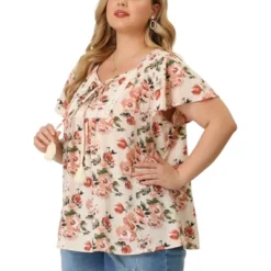 Agnes Orinda Women's Plus Size Chiffon Blouses Tie Neck Tassel Lace Insert Flare Short Sleeve Floral Tops