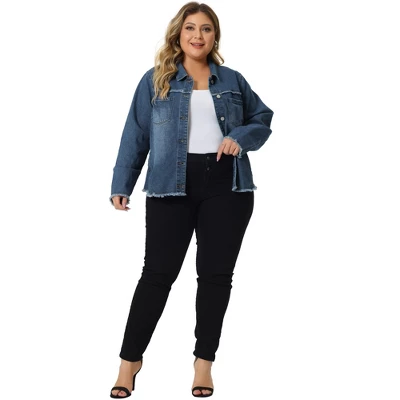 Agnes Orinda Women's Plus Size Button Up Frayed Hem Long Sleeve Casual Jean Jacket 2 Agnes Orinda Women's Plus Size Button Up Frayed Hem Long Sleeve Casual Jean Jacket - Image 2