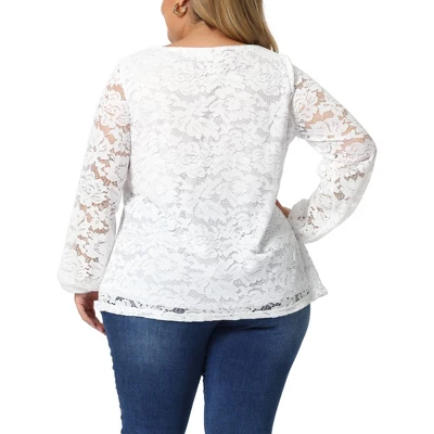 Agnes Orinda Women's Plus Size Lace Sheer Long Sleeve Layer Cross Elastic Cuff V Neck Blouse 3 Agnes Orinda Women's Plus Size Lace Sheer Long Sleeve Layer Cross Elastic Cuff V Neck Blouse - Image 3
