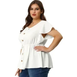 Agnes Orinda Women's Plus Size Blouse Round Neck Button Decor Drawstring Elastic Back Bell Sleeve Summer Tops -Agnes Sales Store GUEST 9d21c81d 8c31 4fdd aecc 821f57f120d6