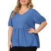 Agnes Orinda Women's Plus Size Blouse Short Sleeve V Neck Chambray Peplum Top