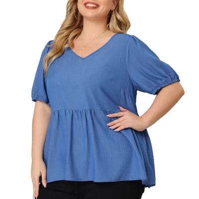 Agnes Orinda Women's Plus Size Blouse Short Sleeve V Neck Chambray Peplum Top 1 Agnes Orinda Women's Plus Size Blouse Short Sleeve V Neck Chambray Peplum Top