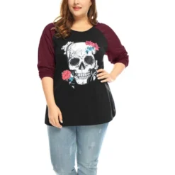 Agnes Orinda Women's Plus Size Floral Skull Contrast Color Raglan T-shirt
