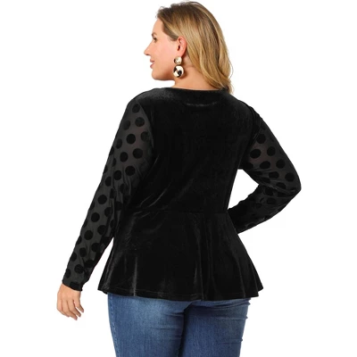 Agnes Orinda Plus Size Peplum Top For Women Polka Dots Sheer Puff Sleeve Velvet Top 4 Agnes Orinda Plus Size Peplum Top For Women Polka Dots Sheer Puff Sleeve Velvet Top - Image 4