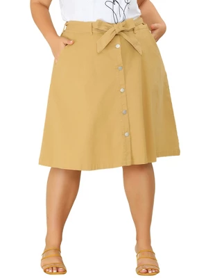 Agnes Orinda Women's Plus Size Denim Tie Waist Button Front A-Line Midi Skirts 10 Agnes Orinda Women's Plus Size Denim Tie Waist Button Front A-Line Midi Skirts - Image 10