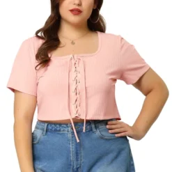 Agnes Orinda Women's Plus Size Knit Ribbed Tie Front Casual Trendy Crop Blouse