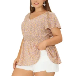 Agnes Orinda Women's Plus Size Peplum Top Flare Sleeve Casual V Neck Smocked Waist Floral Blouses -Agnes Sales Store GUEST a0b30c85 a0bf 4b7c ab71 d0b5ee4d409e