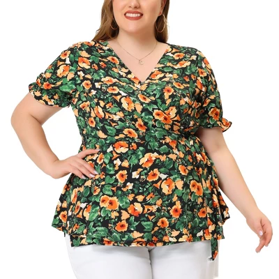 Agnes Orinda Women's Plus Size Blouse Floral Ruffle Sleeve Faux Wrap Peplum Top 8 Agnes Orinda Women's Plus Size Blouse Floral Ruffle Sleeve Faux Wrap Peplum Top - Image 8
