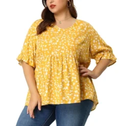 Agnes Orinda Women's Plus Size V Neck Floral Tiered Babydoll Blouses -Agnes Sales Store GUEST a218f202 afda 4ade bebc a20edb389083